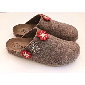 NEW Autenti Spain Brown Wool Felt Clog Slide Floral Trim EU 40 US 9